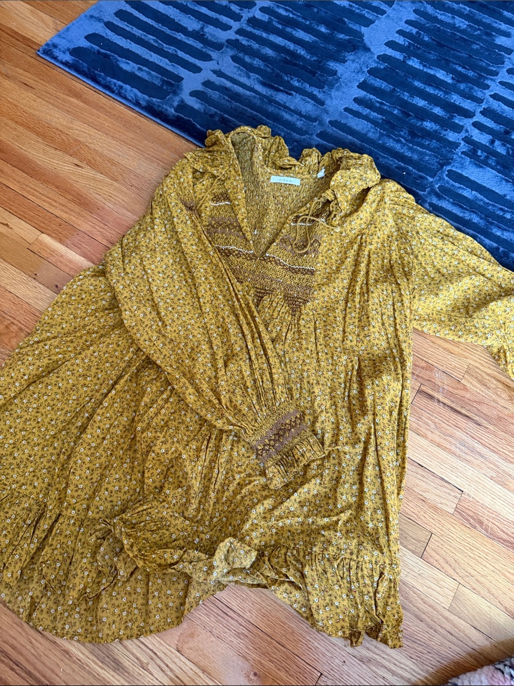 Doen Mustard Floral Peasant Dress with Smocked Yoke
